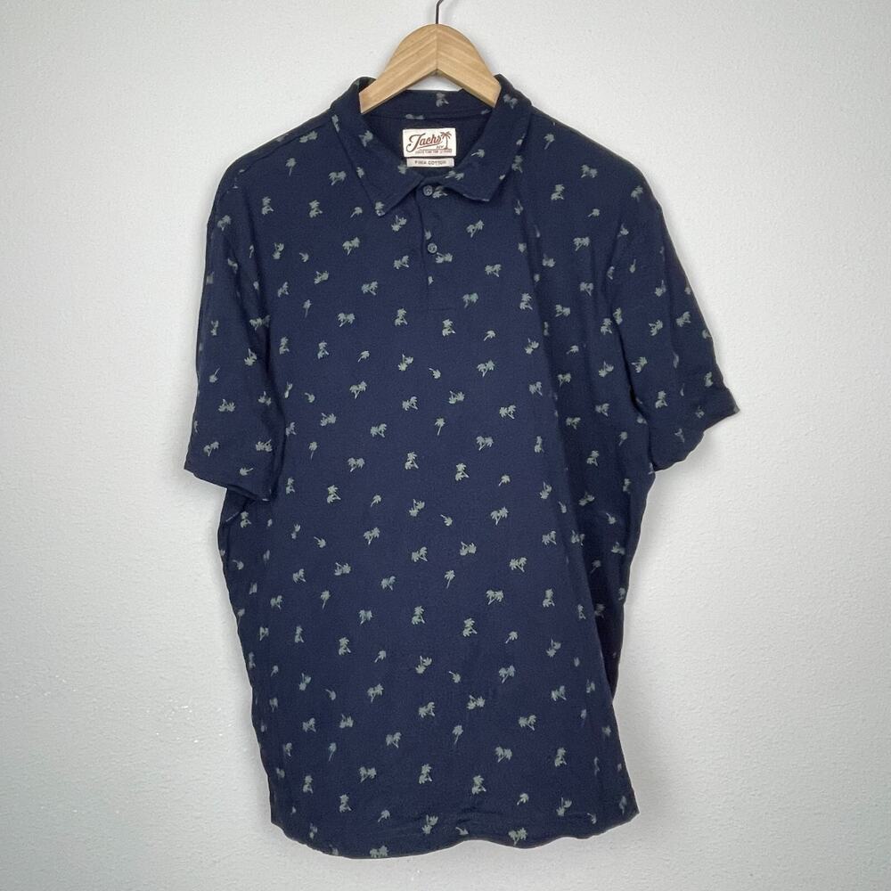 JACH'S NY Men's Polo Shirt XL Blue Pima Cotton Palm Tree Print Resort Casual